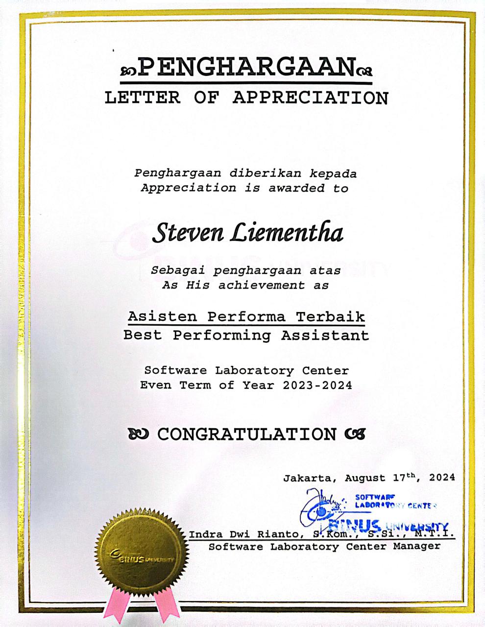 Best Performing Assistant Award